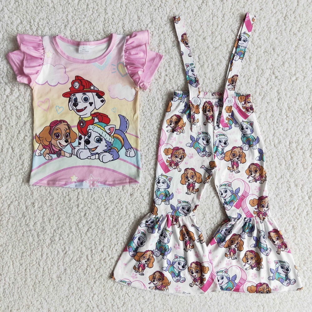 E12-17 Girls Cartoon Dog Short Sleeve Overalls