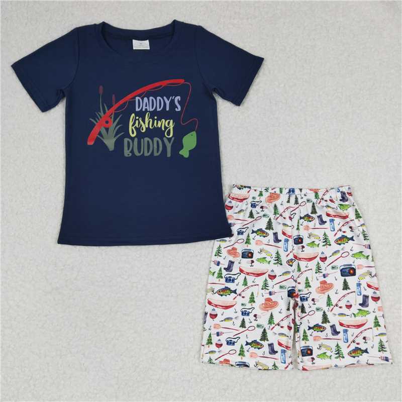 BSSO0152 Boys Offset daddys Fishing Navy Blue Short sleeve short