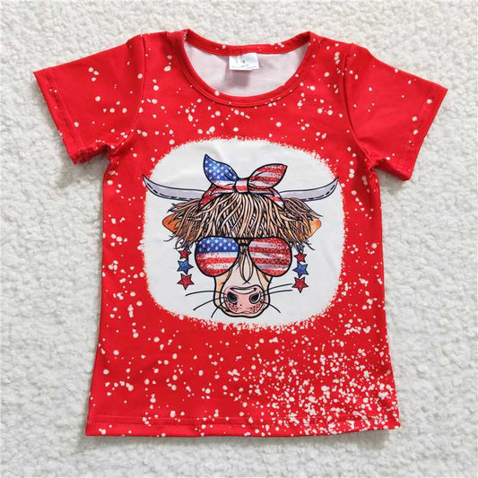 GT0114 Girls National Day Cow sunglasses red short sleeve top