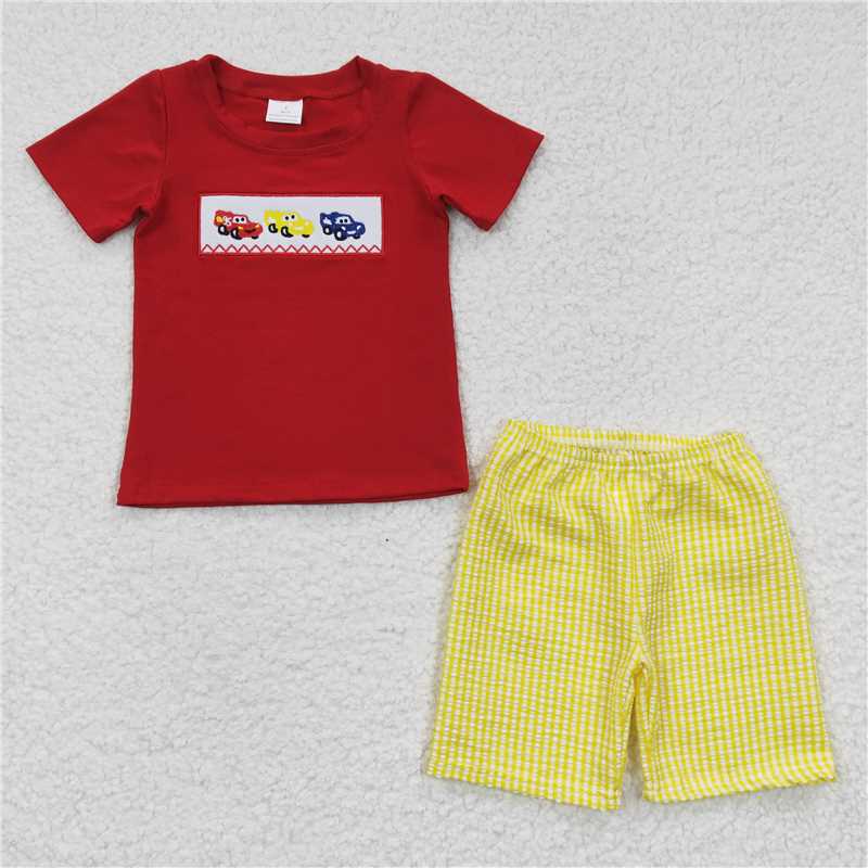 BSSO0133 Boy's Embroidery Car Story Red Short Sleeve Lattice