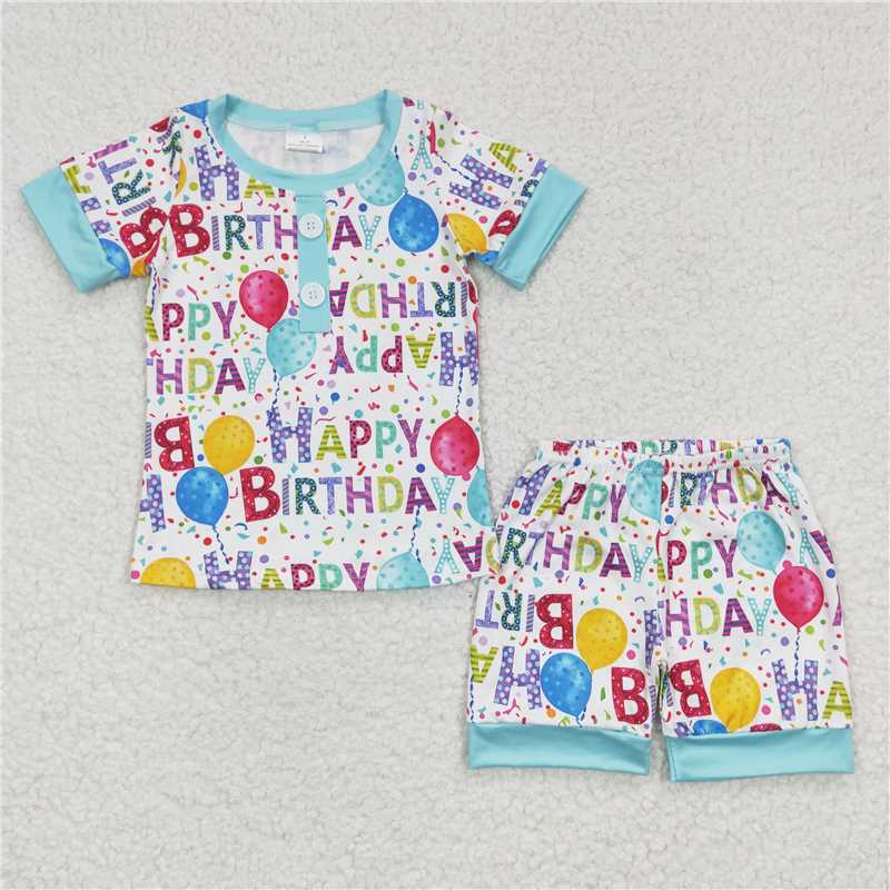 BSSO0180 Boy happy birthday Blue Short Sleeve Shorts Cover