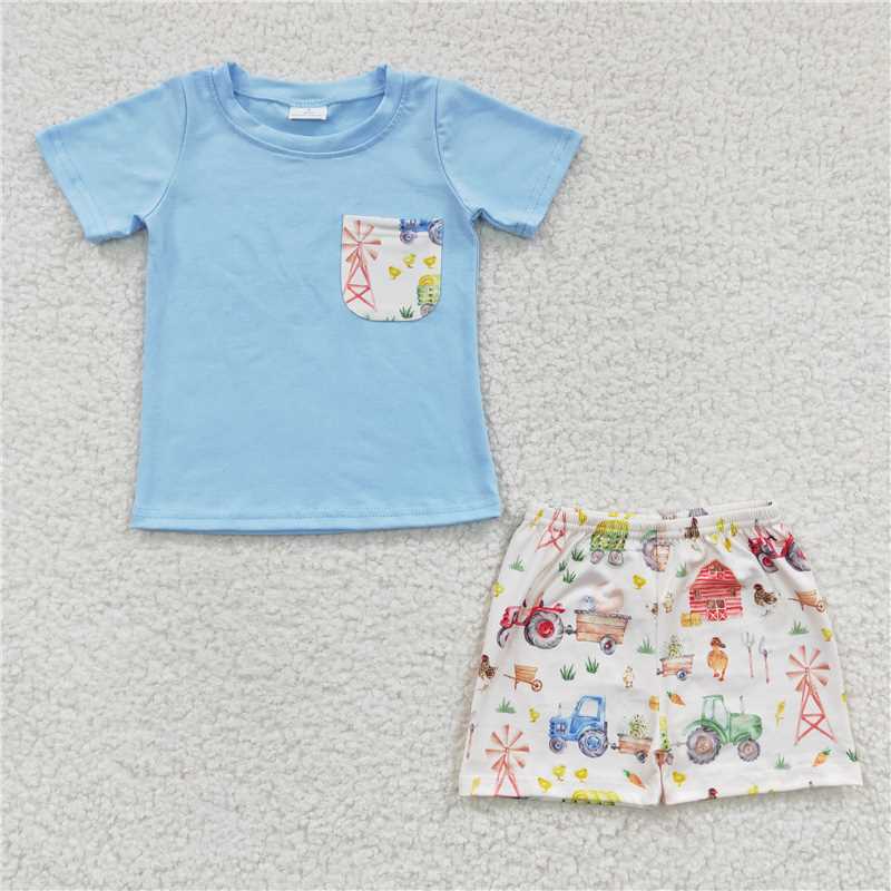 BSSO0142 Boys Farm House Blue Pocket Short Sleeve shorts