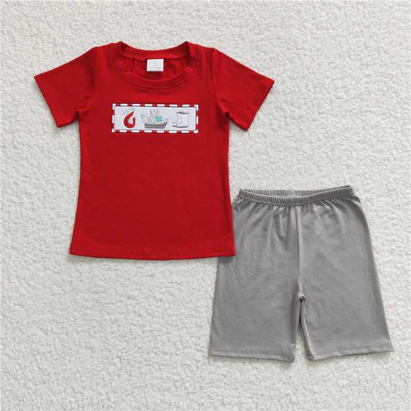 BSSO0144 Boys Embroidery Ship Boots Red Short Sleeve Shorts cover