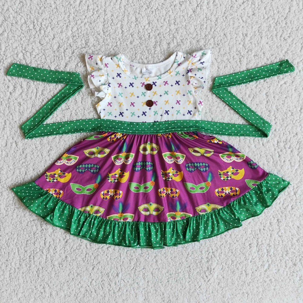 E10-11 Mardi Gras Baby Girls Flutter Sleeve Dot Belt Style Dress