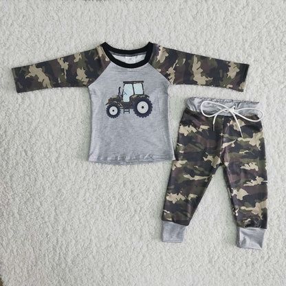 6 B6-4 Baby Boys Long Sleeves Tractor Camouflage Top Pant Pajamas Set