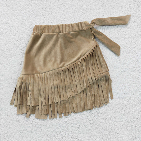 GLK0004 Girl Khaki Tassel Velvet Skirt Dress
