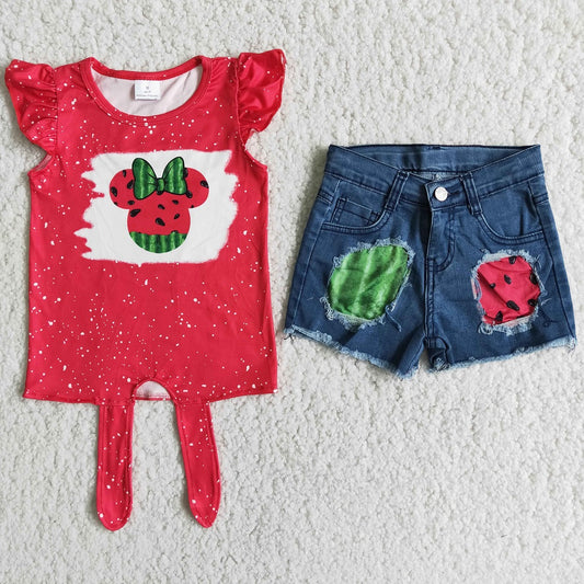 D12-3 Girls Cartoon Watermelon Denim Shorts Outfit