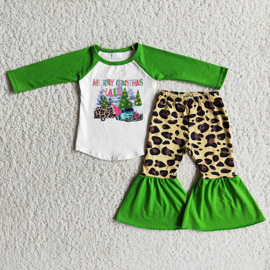 6 A4-5 Merry Christmas Yall Girls Leopard Green Bell Outfit