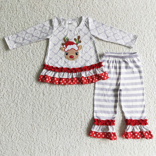 6 A13-27 Christmas Girls Embroidered Deer Striped Outfit