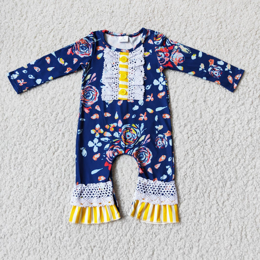 6 A26-3 Girls Floral Blue Long Sleeve Romper