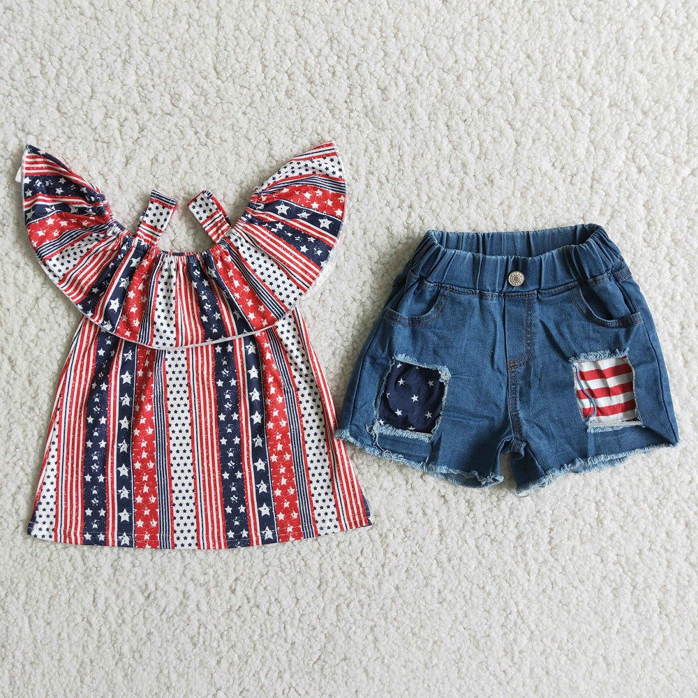 D7-14 Girls Stripe Denim Shorts Outfit