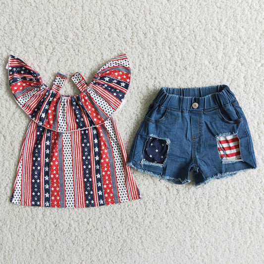 D7-14 Girls Stripe Denim Shorts Outfit