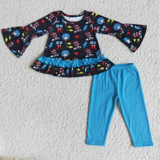 6 A10-16 Baby Girls Cartoon Reading Flare Sleeve Tunic Blue Leggings Outfits