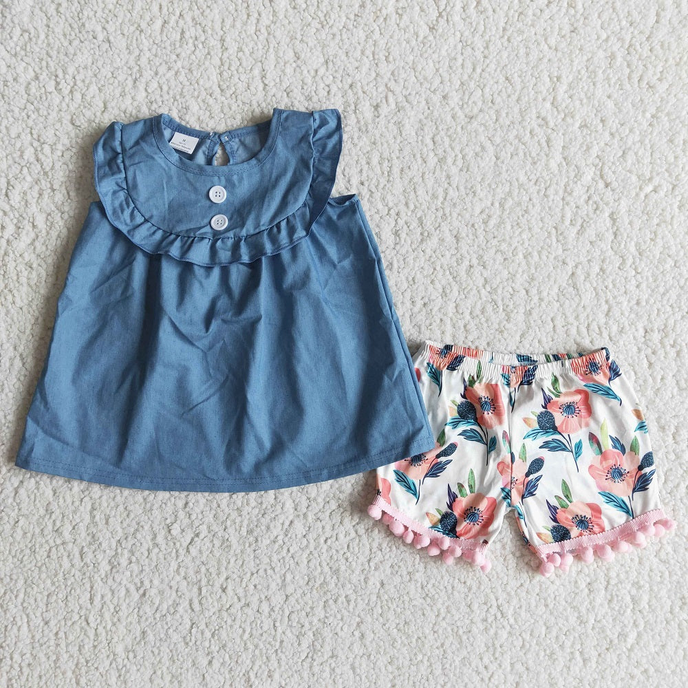 A8-4 Girls Denim Floral Shorts Outfits