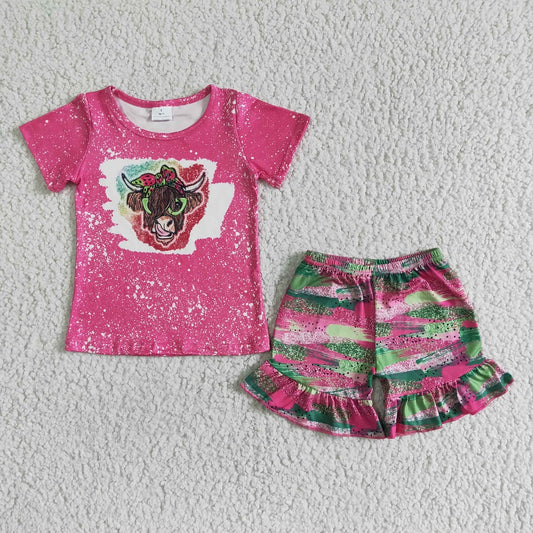 GSSO0074 Girls Pink Cow Shorts Outfit