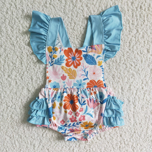 SR0037 Girls Blue Floral Romper