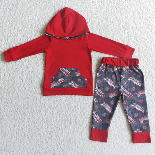 6 C8-2 Boys Red Fire Truck Hooded Outfits