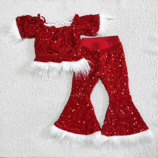 C7-23 Baby Girls red Christmas sequin fur pants set