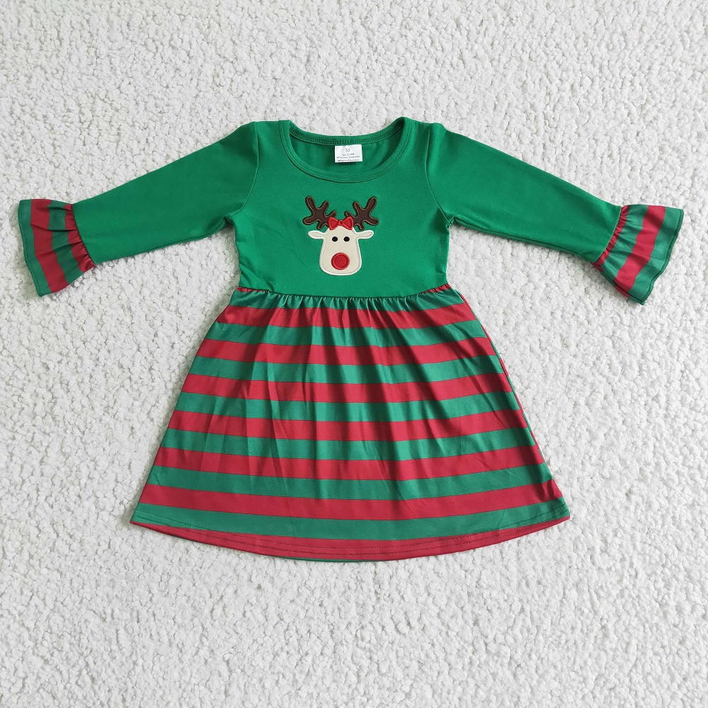 GLD0014 Girls Christmas Embroidered Deer Striped Dress