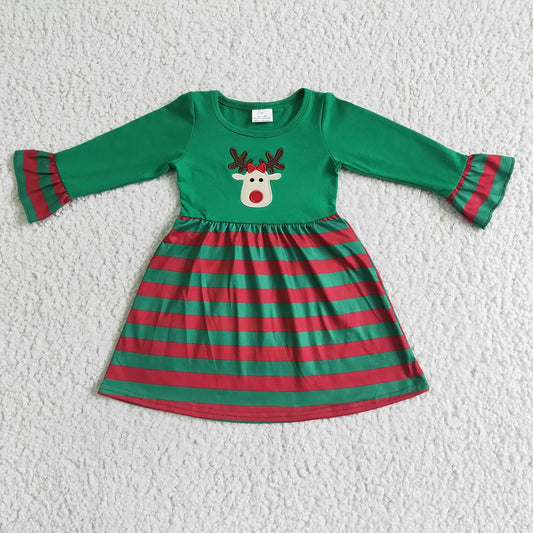 GLD0014 Girls Christmas Embroidered Deer Striped Dress