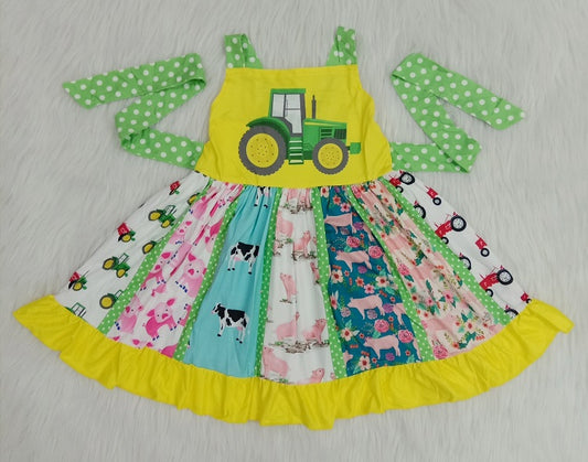 A0-21 Girls Sleeveless Farm Tractor Twirl Dress