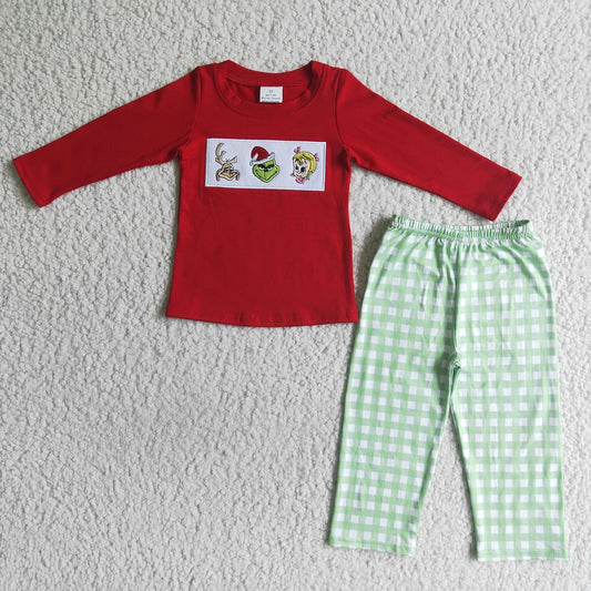 GLP0033 / BLP0006 Sibling Christmas Embroidered Character Plaid Outfits