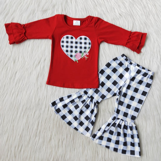 6 B11-36 Girls Embroidered Plaid Love Heart Outfits