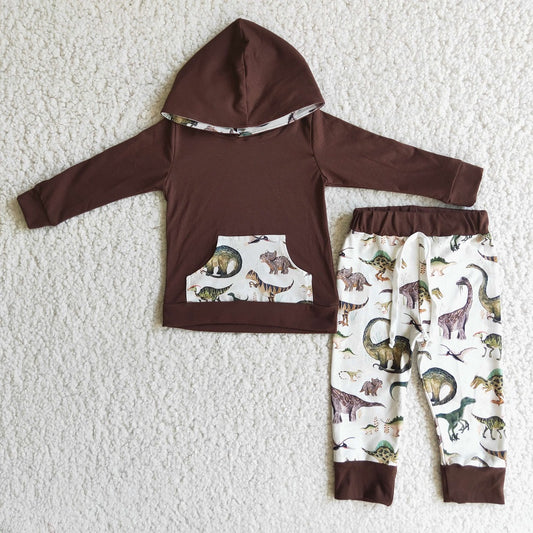 6 C8-22 Boys Brown Dinosaur Hooded Outfits