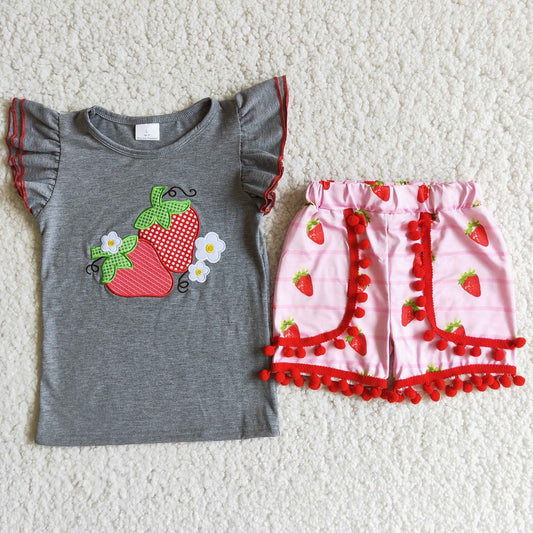 D8-27 Girls Embroidered Strawberry Shorts Outfits