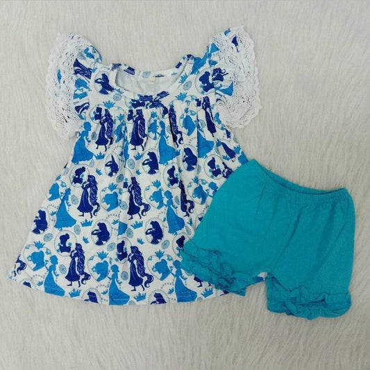 C11-5 Lace Flutter Sleeve Blue Shorts Outfit