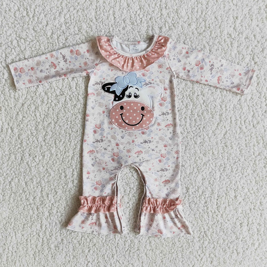 6 A23-5 Girls Embroidered Cow Long Sleeve Romper