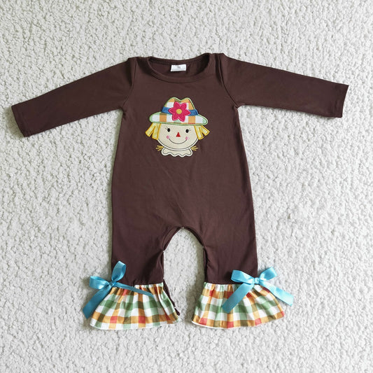 LR0035 / LR0034 Sibling Halloween Baby Embroidered Scarecrow Long Sleeve Romper