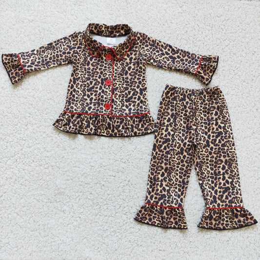 6 B4-23 Winter Girls Leopard Ruffle Lapel Button Pajamas