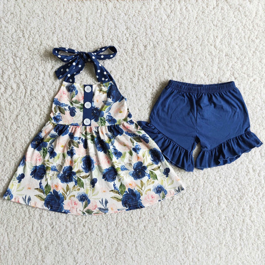 D7-19 Girls Blue Floral Sling Shorts Outfits