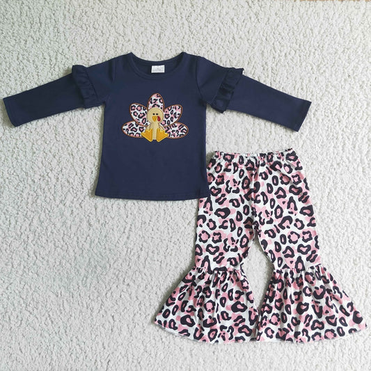 GLP0061 Thanksgiving Girls Embroidered Leopard Turkey Outfits