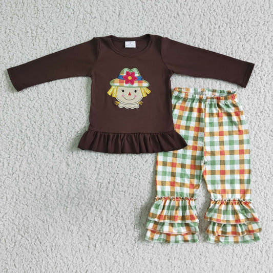 6 B3-37 / BLP0012 Kids Embroidered Scarecrow Plaid Outfits