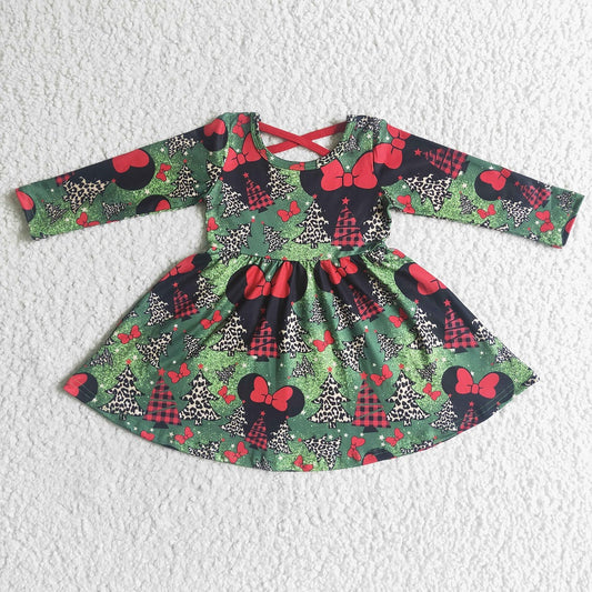 GLD0018 Girls Christmas Tree Bow Dress