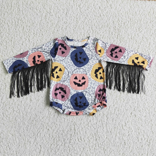 LR0048 Halloween Girls Scream Pumpkin Tassel Romper