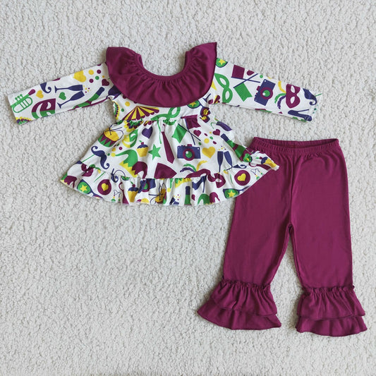 6 A0-1 Mardi Gras Baby Girls Ruffle Pants Back Bow Style Outfits