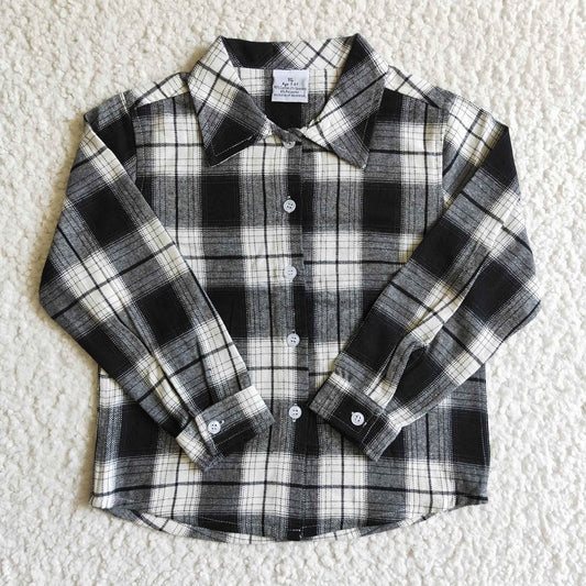 BT0060 Boys Black White Plaid Flannel Button Shirt