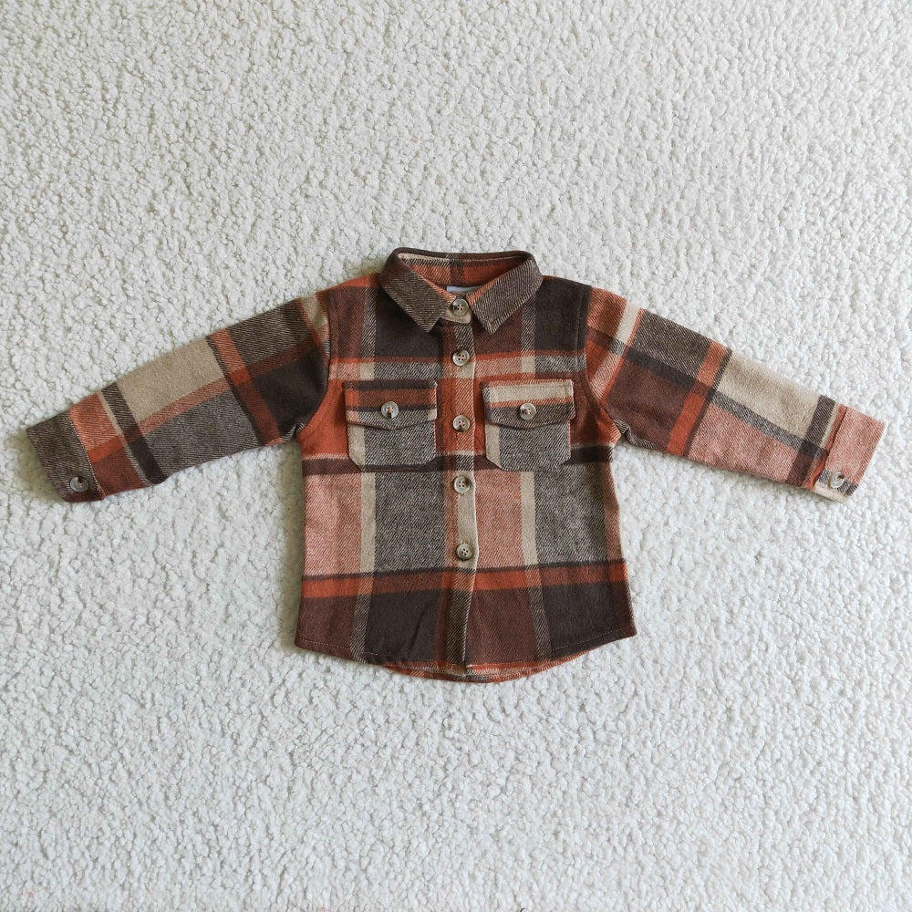 BT0061 Boys Brown Plaid Pockets Flannel Button Shirt