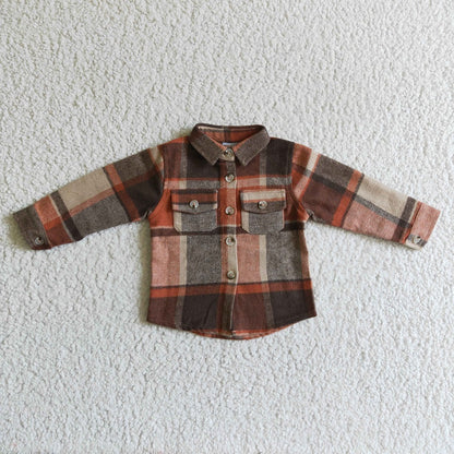 BT0061 Boys Brown Plaid Pockets Flannel Button Shirt
