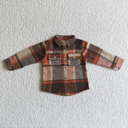 BT0061 Boys Brown Plaid Pockets Flannel Button Shirt