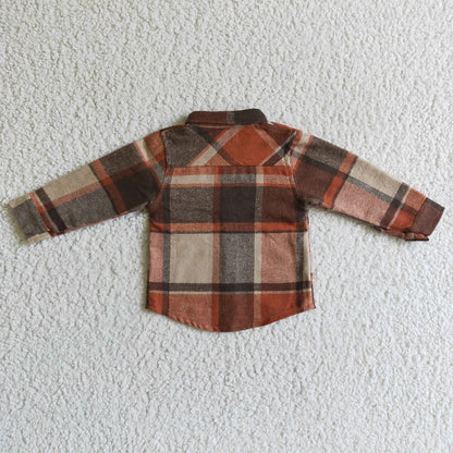 BT0061 Boys Brown Plaid Pockets Flannel Button Shirt