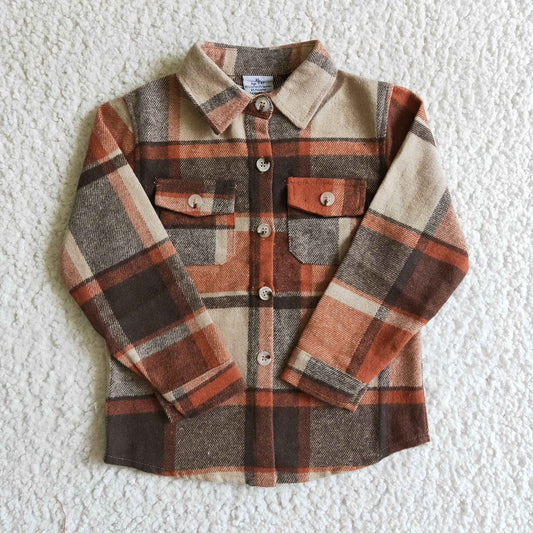 BT0061 Boys Brown Plaid Pockets Flannel Button Shirt