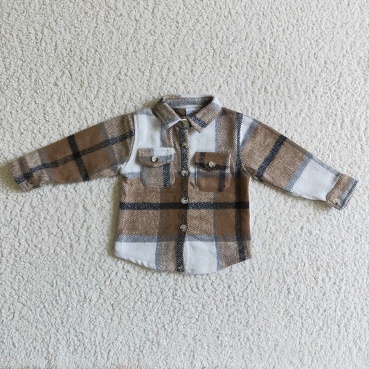 BT0062 Boys Khaki Plaid Pockets Flannel Button Shirt