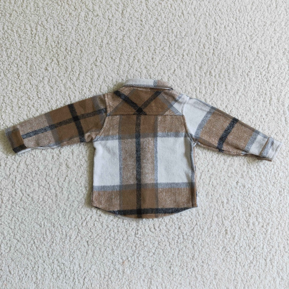 BT0062 Boys Khaki Plaid Pockets Flannel Button Shirt