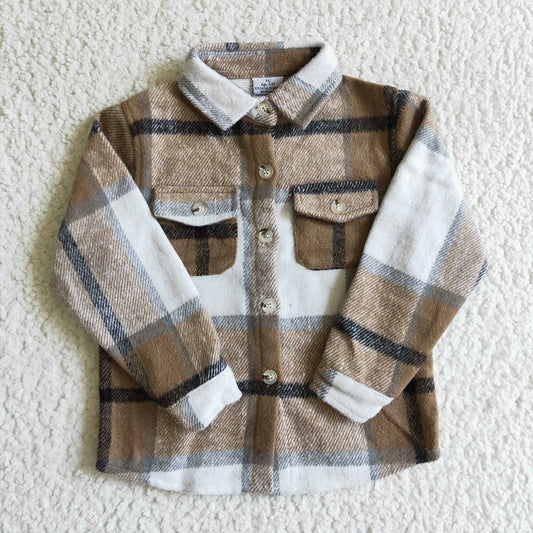 BT0062 Boys Khaki Plaid Pockets Flannel Button Shirt