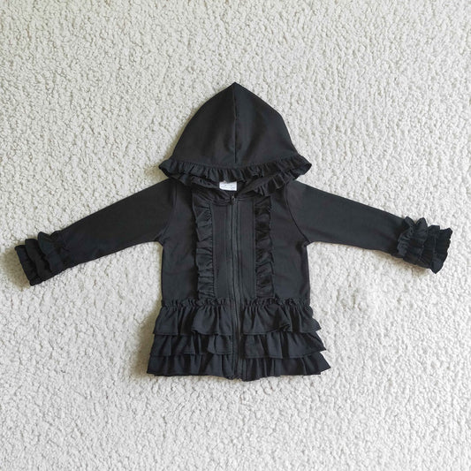 GT0016 Girl Black Zipper Ruffle Hooded Jackets