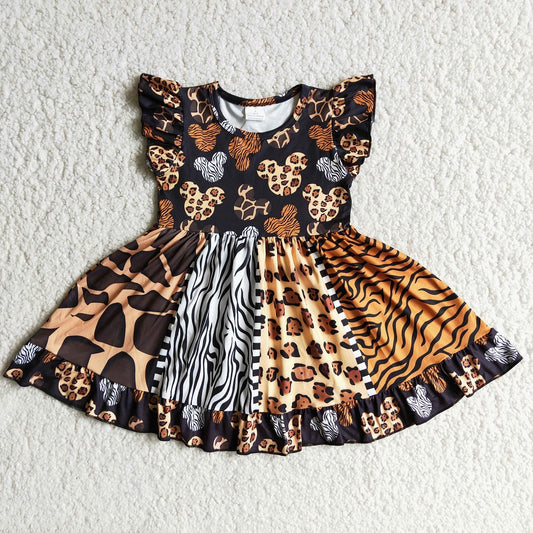 D8-30 Girls Flutter Sleeve Cartoon Leopard Twirl Dress